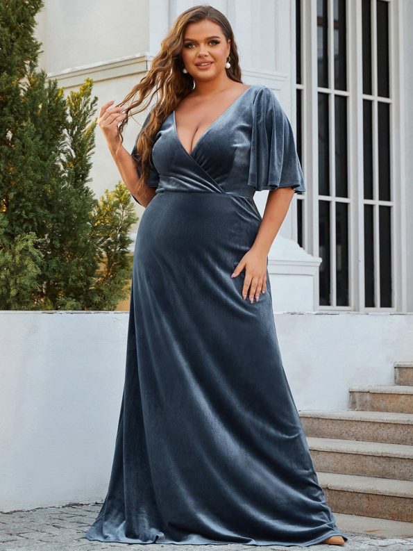 Vintage Plus Size Velvet Maxi Evening Dress - Dusty Navy