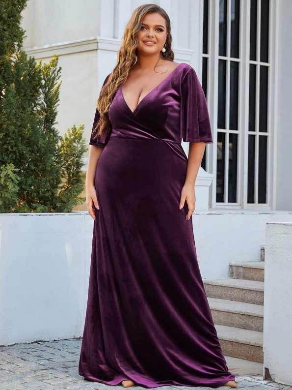 Vintage Plus Size Velvet Maxi Evening Dress - Dark Purple