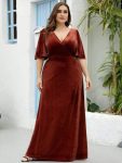 Vintage Plus Size Velvet Maxi Evening Dress – Brick Red