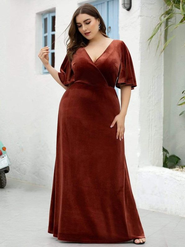 Vintage Plus Size Velvet Maxi Evening Dress - Brick Red