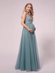 Double V-neck Lace Applique Bodice Maxi Maternity Dress – Dusty Blue