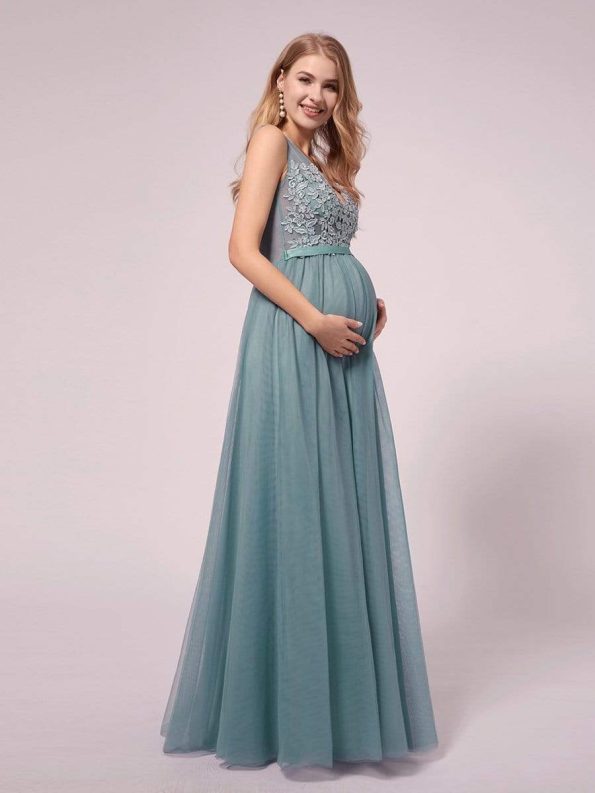 Double V-neck Lace Applique Bodice Maxi Maternity Dress - Dusty Blue