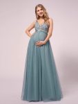 Double V-neck Lace Applique Bodice Maxi Maternity Dress – Dusty Blue