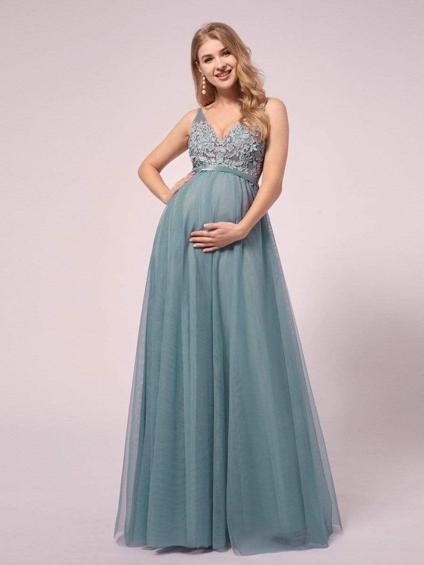 Double V-neck Lace Applique Bodice Maxi Maternity Dress - Dusty Blue