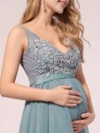 Double V-neck Lace Applique Bodice Maxi Maternity Dress – Dusty Blue