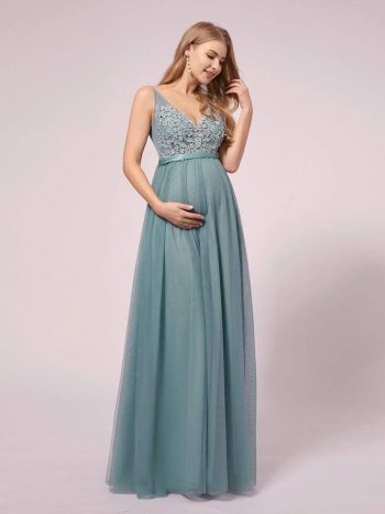 Double V-neck Lace Applique Bodice Maxi Maternity Dress - Dusty Blue
