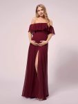 Maxi Chiffon Off the Shoulder Ruffled Maternity Evening Dress - Burgundy