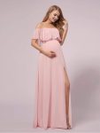 Maxi Chiffon Off the Shoulder Ruffled Maternity Evening Dress – Pink