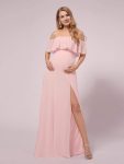 Maxi Chiffon Off the Shoulder Ruffled Maternity Evening Dress – Pink