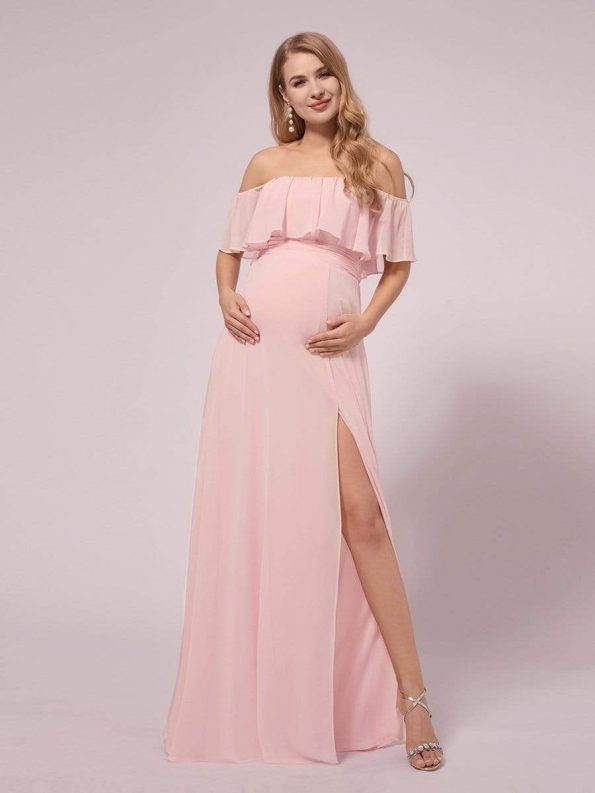 Maxi Chiffon Off the Shoulder Ruffled Maternity Evening Dress - Pink