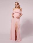 Maxi Chiffon Off the Shoulder Ruffled Maternity Evening Dress – Pink