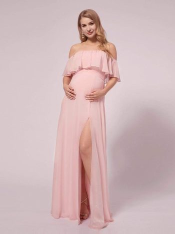 Maxi Chiffon Off the Shoulder Ruffled Maternity Evening Dress - Pink