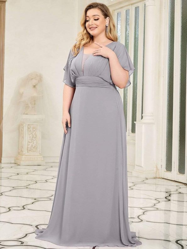 Plus Size Empire Waist Chiffon Formal Maxi Evening Dress - Grey