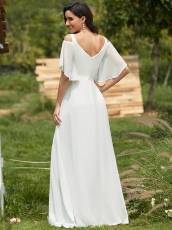 Double V Neck Cold Shoulder Flowy Chiffon Outdoor Wedding Dress - Cream
