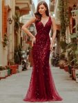 Women’s Double V-Neck Fishtail Sequin Evening Dress – Burgundy