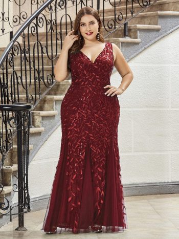 Plus Size Double V-Neck Fishtail Sequin Formal Maxi Evening Dress - Burgundy