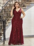 Women’s Double V-Neck Fishtail Sequin Evening Dress – Burgundy