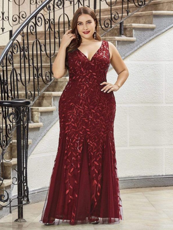 Women's Double V-Neck Fishtail Sequin Evening Dress - Burgundy