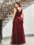 Plus Size Double V-Neck Fishtail Sequin Formal Maxi Evening Dress – Burgundy