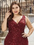 Plus Size Double V-Neck Fishtail Sequin Formal Maxi Evening Dress – Burgundy