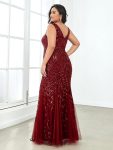 Plus Size Double V-Neck Fishtail Sequin Formal Maxi Evening Dress – Burgundy