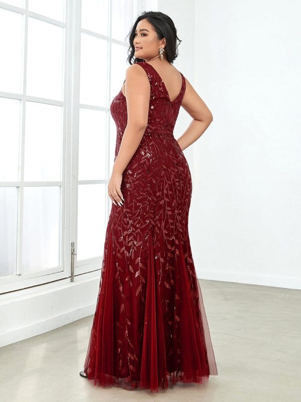 Plus Size Double V-Neck Fishtail Sequin Formal Maxi Evening Dress - Burgundy