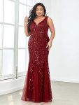 Plus Size Double V-Neck Fishtail Sequin Formal Maxi Evening Dress – Burgundy