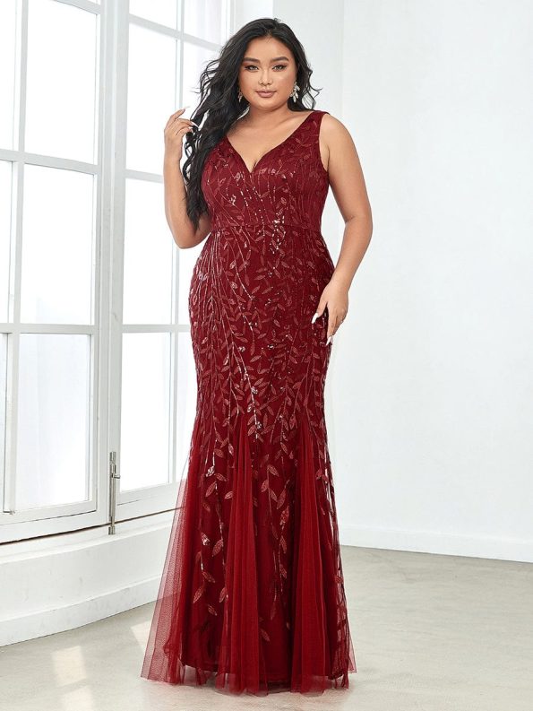 Plus Size Double V-Neck Fishtail Sequin Formal Maxi Evening Dress - Burgundy