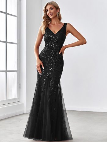Women's Double V-Neck Fishtail Sequin Evening Dress - Black