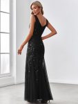 Women’s Double V-Neck Fishtail Sequin Evening Dress – Black