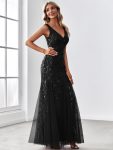 Women’s Double V-Neck Fishtail Sequin Evening Dress – Black