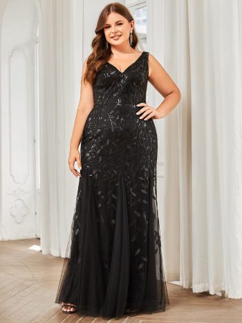 Plus Size Double V-Neck Fishtail Sequin Formal Maxi Evening Dress - Black
