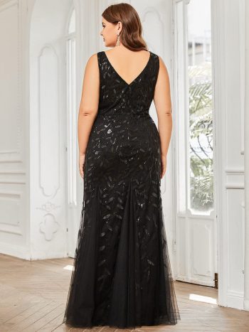 Plus Size Double V-Neck Fishtail Sequin Formal Maxi Evening Dress - Black