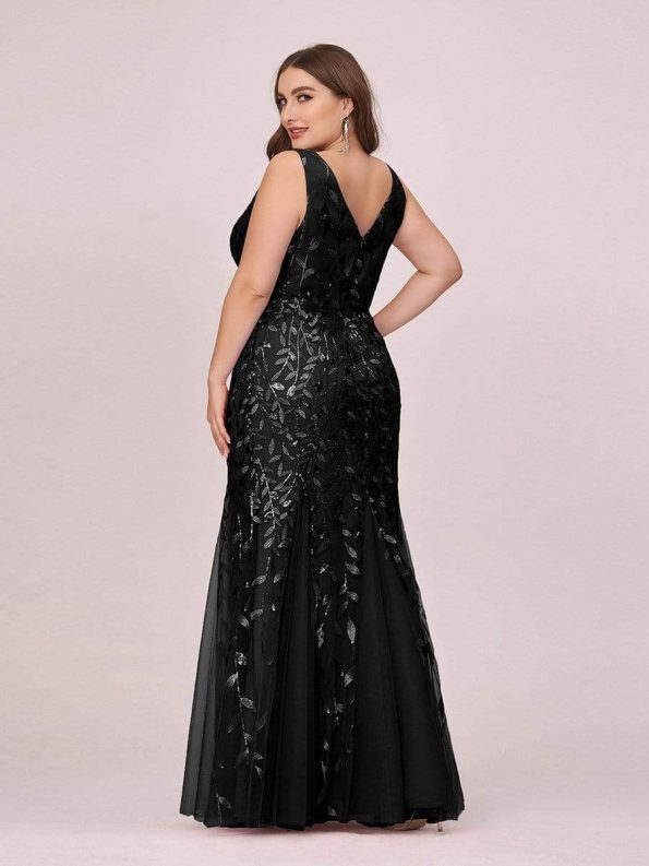 Women's Double V-Neck Fishtail Sequin Evening Dress - Black