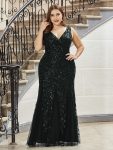 Plus Size Double V-Neck Fishtail Sequin Formal Maxi Evening Dress – Black