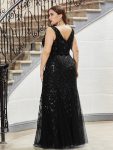 Plus Size Double V-Neck Fishtail Sequin Formal Maxi Evening Dress – Black