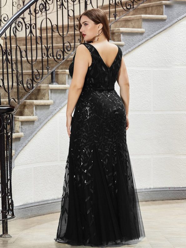 Plus Size Double V-Neck Fishtail Sequin Formal Maxi Evening Dress - Black