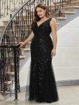 Plus Size Double V-Neck Fishtail Sequin Formal Maxi Evening Dress – Black