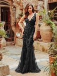 Women’s Double V-Neck Fishtail Sequin Evening Dress – Black