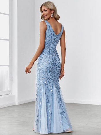 Women's Double V-Neck Fishtail Sequin Evening Dress - Sky Blue