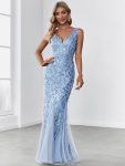 Women’s Double V-Neck Fishtail Sequin Evening Dress – Sky Blue