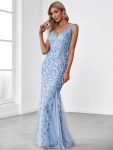 Women’s Double V-Neck Fishtail Sequin Evening Dress – Sky Blue