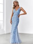 Women’s Double V-Neck Fishtail Sequin Evening Dress – Sky Blue