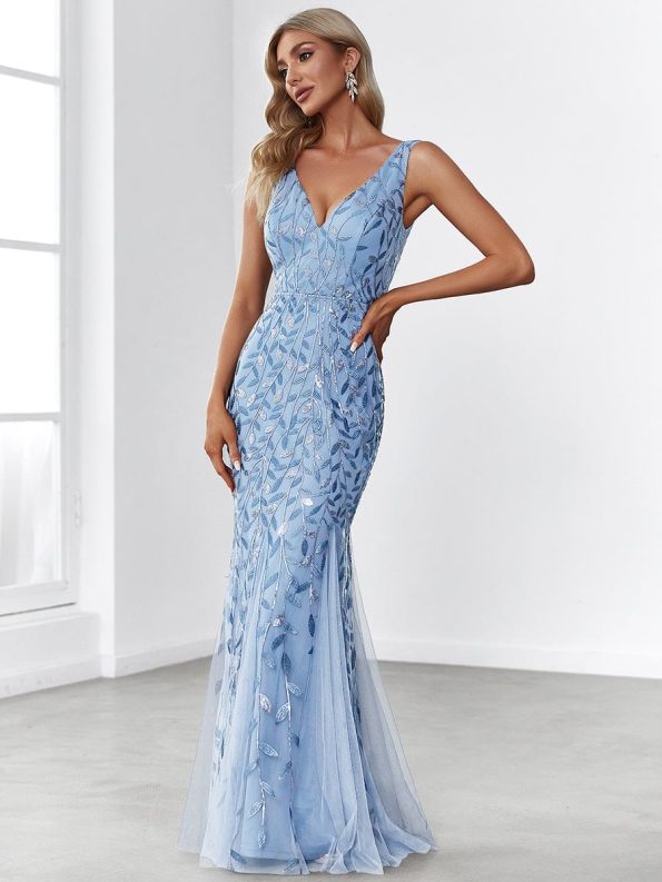 Women's Double V-Neck Fishtail Sequin Evening Dress - Sky Blue