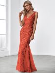 Women’s Double V-Neck Fishtail Sequin Evening Dress – Burnt Orange