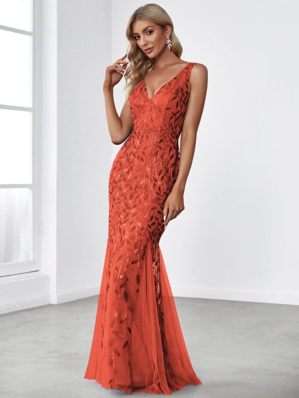 Women's Double V-Neck Fishtail Sequin Evening Dress - Burnt Orange