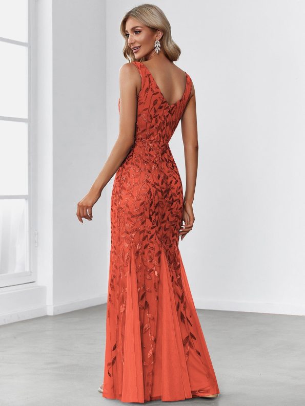 Women's Double V-Neck Fishtail Sequin Evening Dress - Burnt Orange