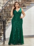 Women’s Double V-Neck Fishtail Sequin Evening Dress – Dark Green