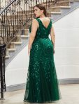 Women’s Double V-Neck Fishtail Sequin Evening Dress – Dark Green