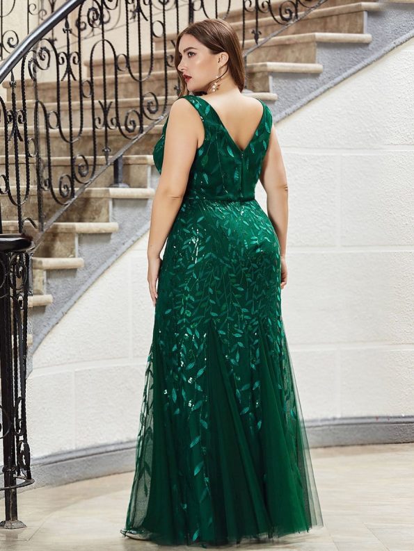 Women's Double V-Neck Fishtail Sequin Evening Dress - Dark Green